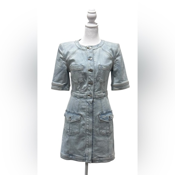 Express Dresses & Skirts - Express Light Blue Denim Padded Shoulder Button up mini dress Size S